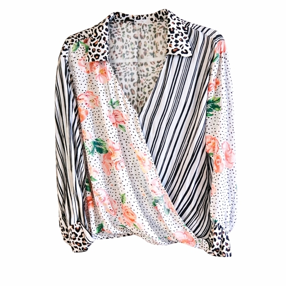 Umgee Tops - Umgee Small Oversized Mixed Print Floral Blouse Boho Chic Top Lightweight